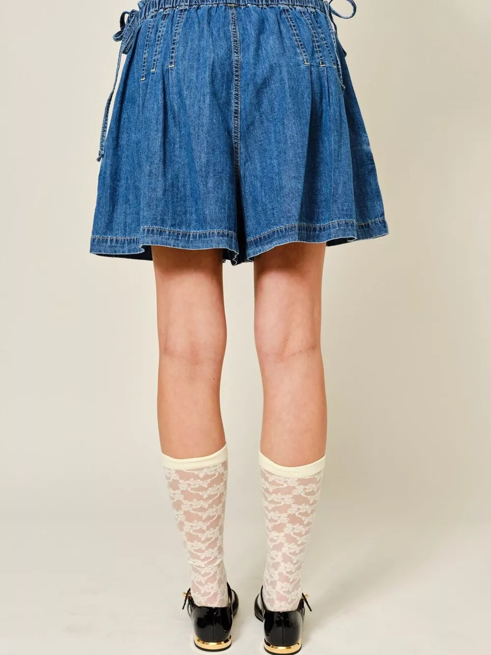 Pleated Elastic Waist Denim Shorts, image 10