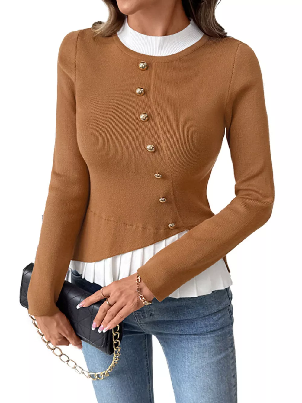 Decor Button Contrast Hem Knit Top, image 10