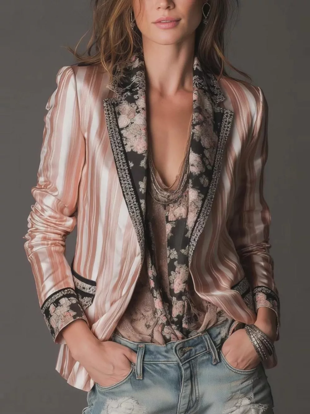 Floral Lapel Collar Striped Blazer