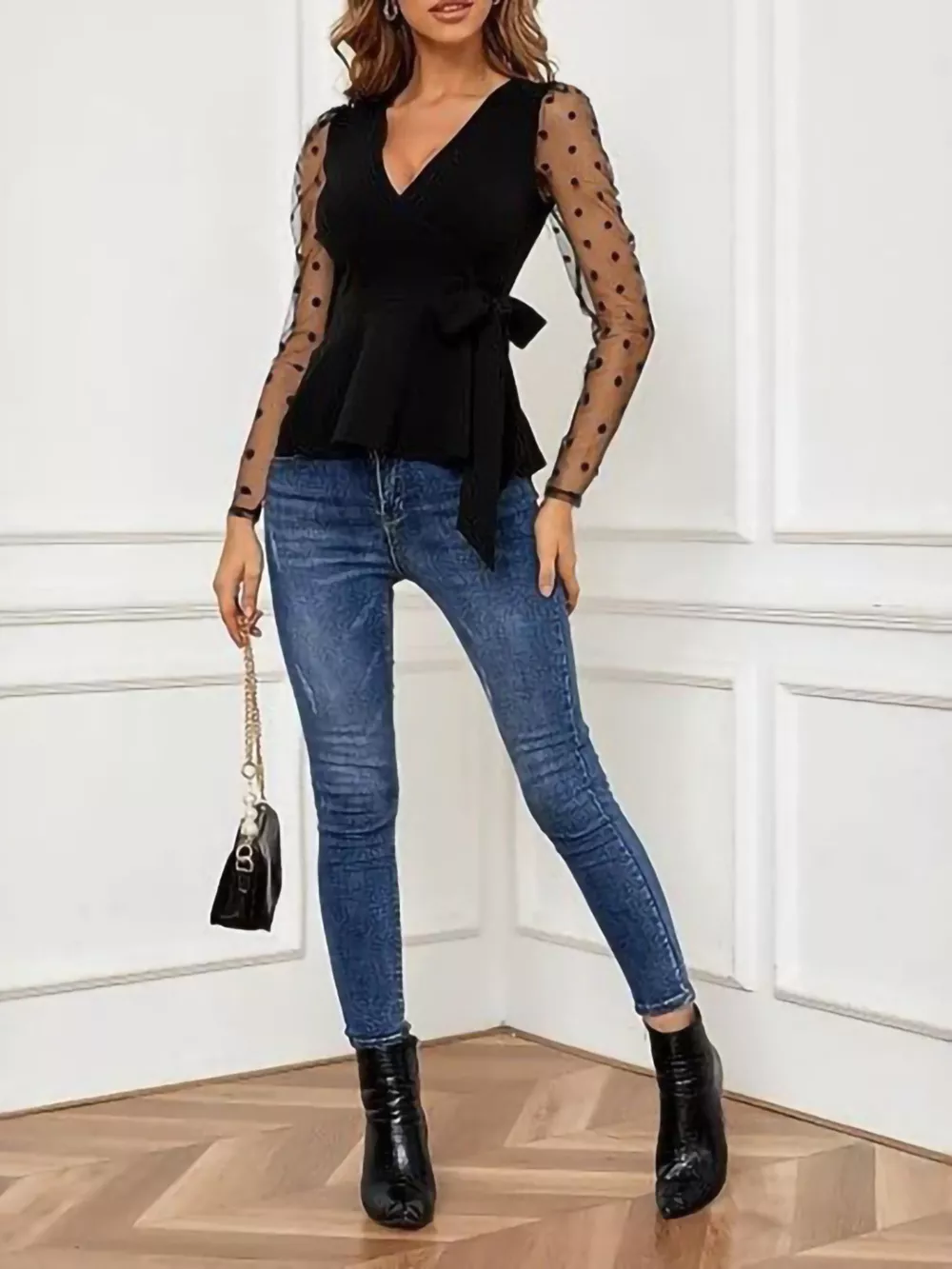 Polka Dot Mesh Sleeve Peplum Blouse, image 5