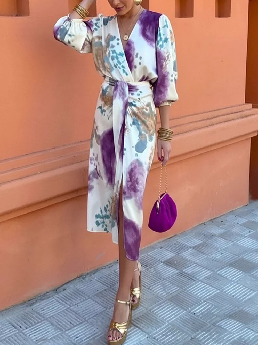 Full Size Slit Tie-Waist Abstract Print Midi Dress Plus Size, image 3