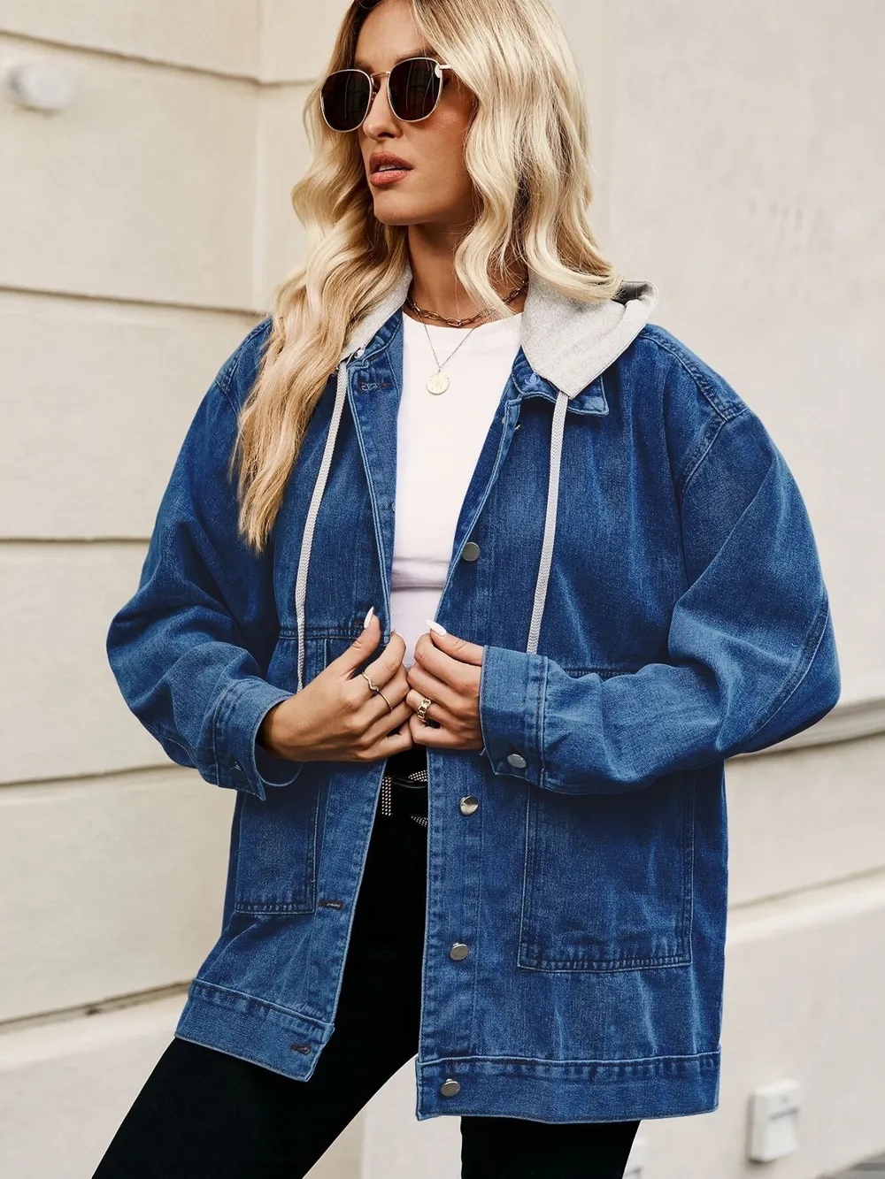 Oversized Button Up Denim Jacket with Hood, image 10