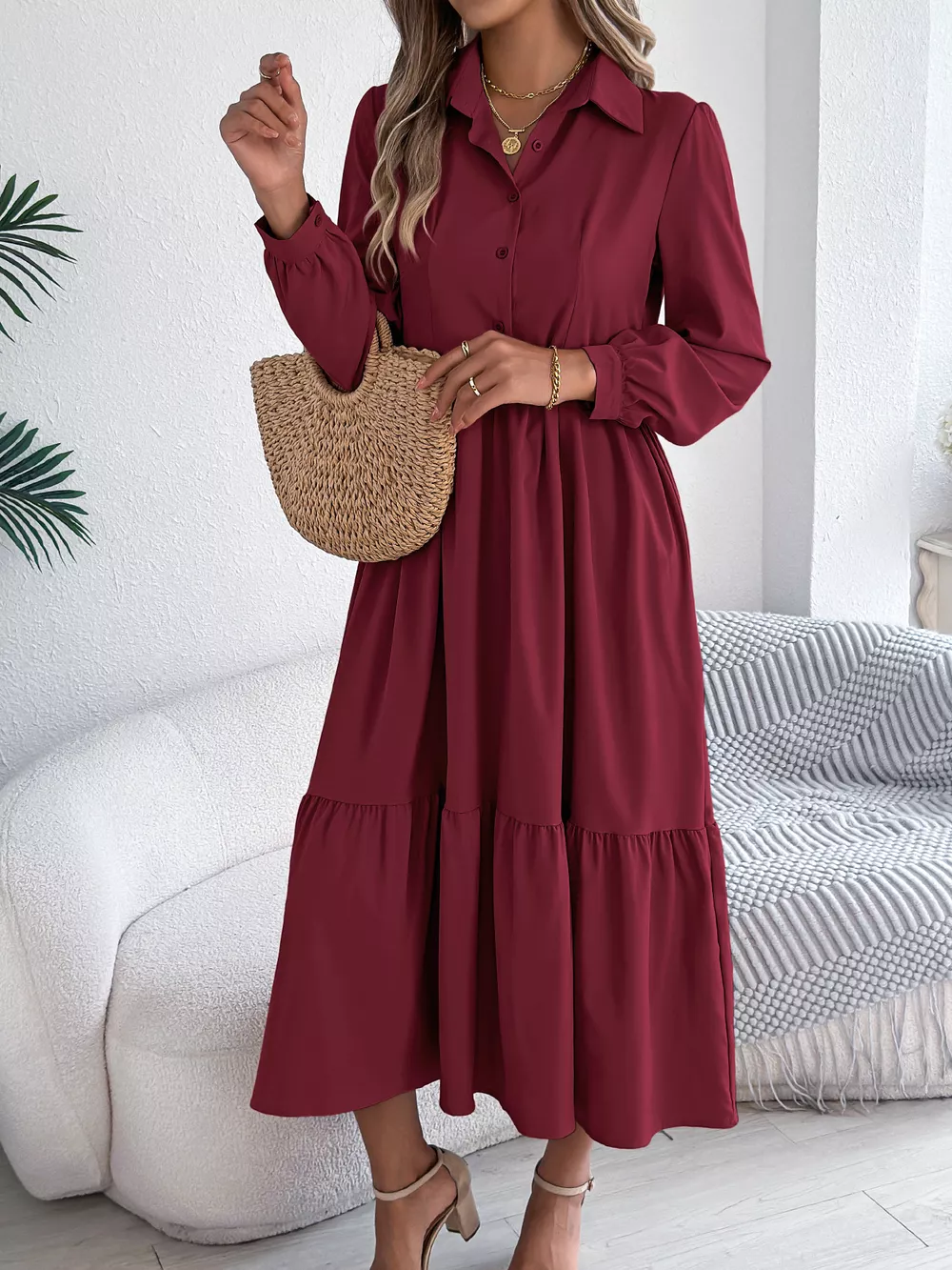 Long Sleeve Tiered Button Front Midi Dress, image 11
