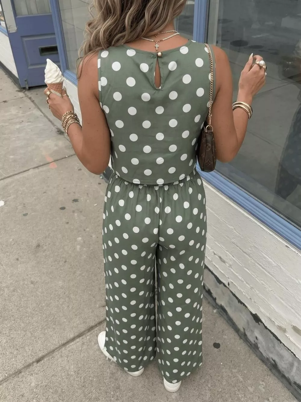 Polka Dot Sleeveless Top and Wide Leg Pants Set, image 5