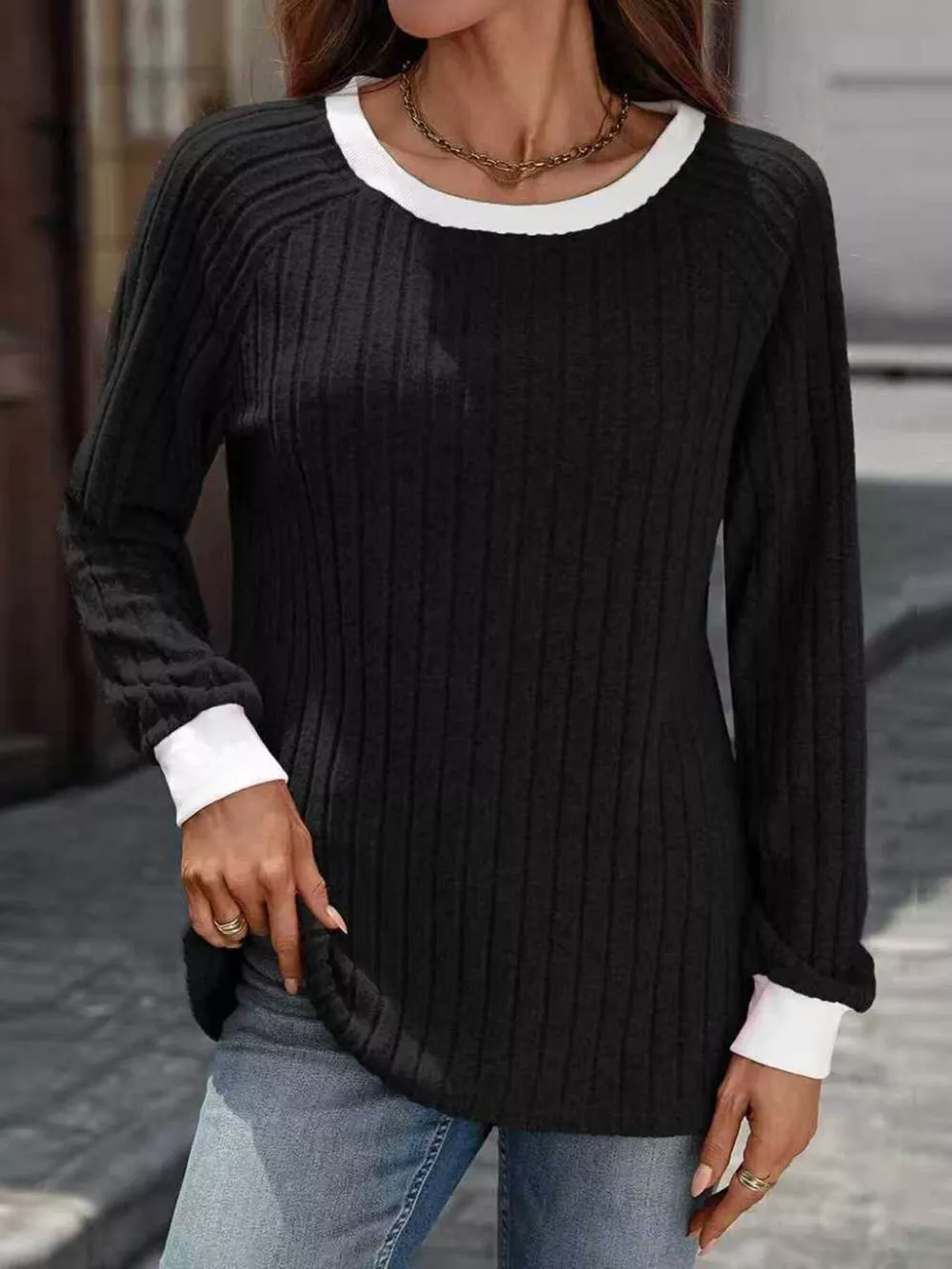 Ribbed Round Neck Raglan Sleeve Knit Top, image 25