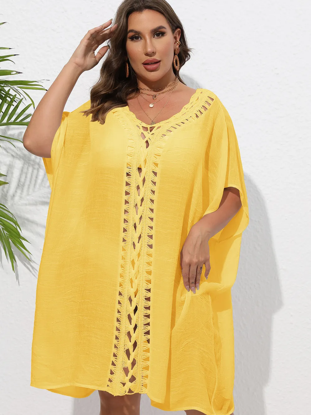 Crochet Trim V-Neck Beach Cover Up Dress, image 47