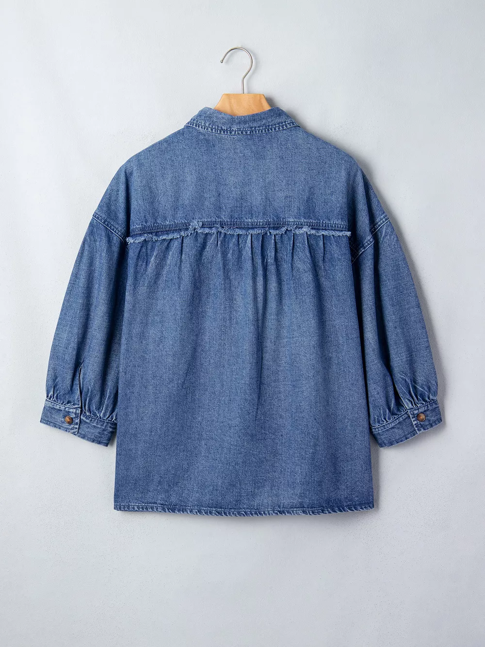 Three Quarter Sleeve Button Front Loose Denim Shirt, image 5