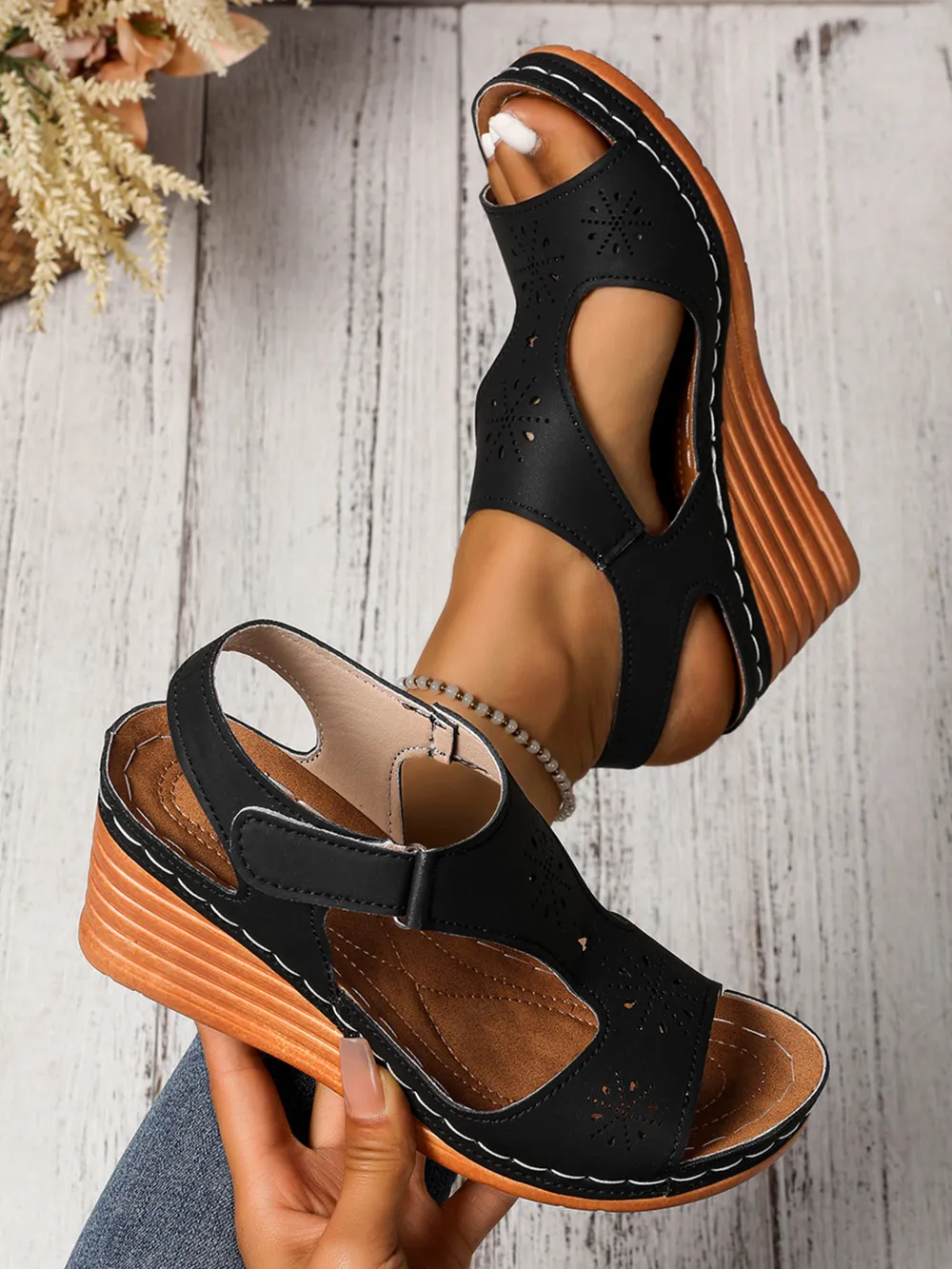 Perforated Wedge Sandals with Ankle Strap, image 2