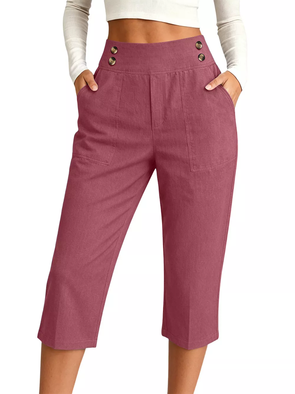 Full Size High-Waisted Button-Detail Cropped Pants Plus Size, image 21