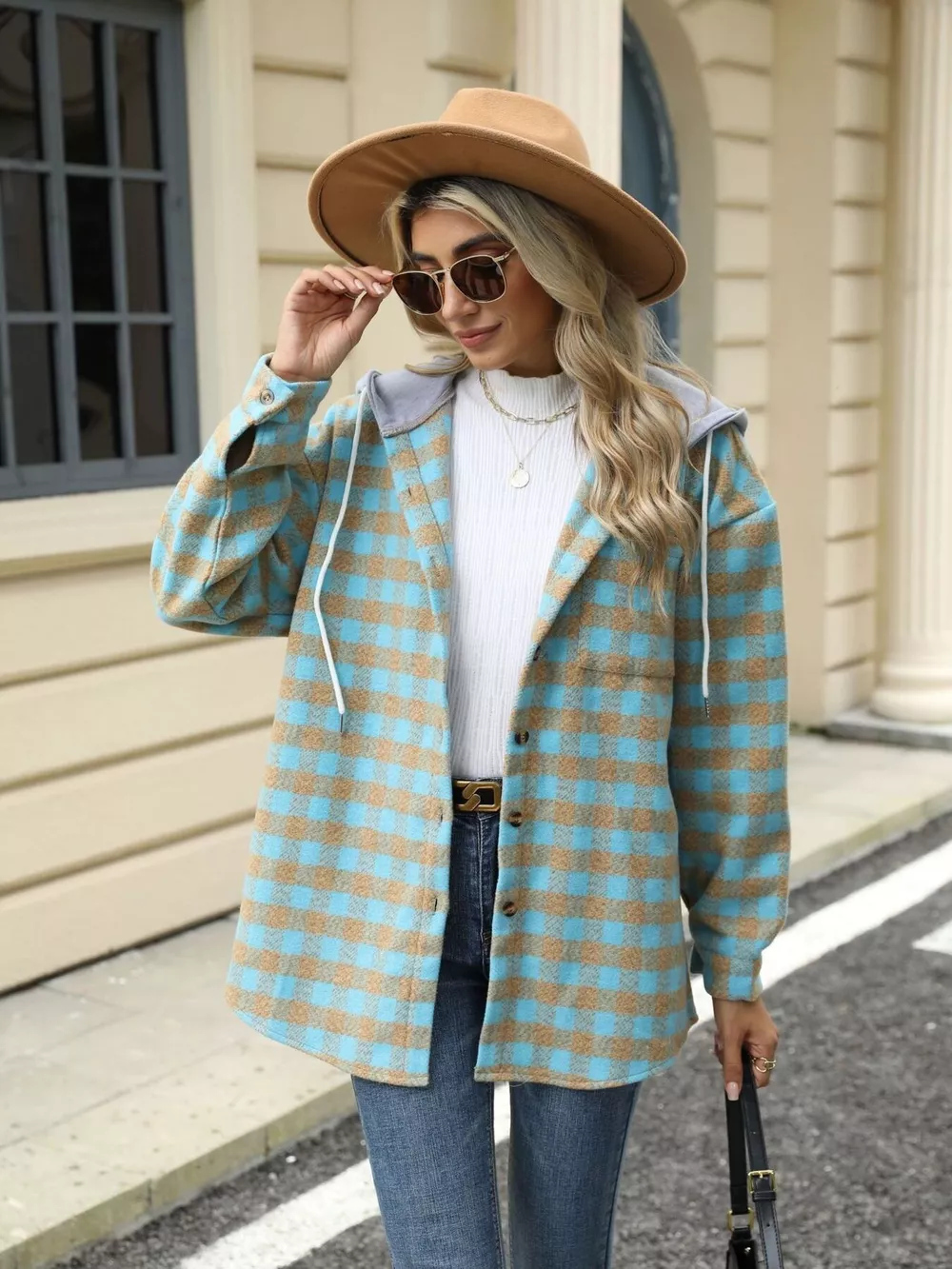 Plaid Button Up Long Sleeve Drawstring Hooded Jacket, image 10