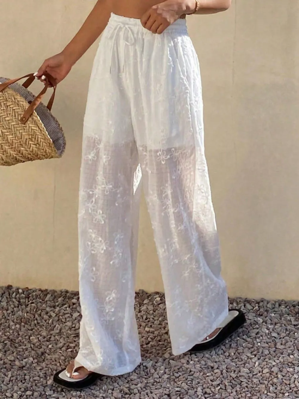 High-Waisted Sheer Floral Embroidered Wide-Leg Pants