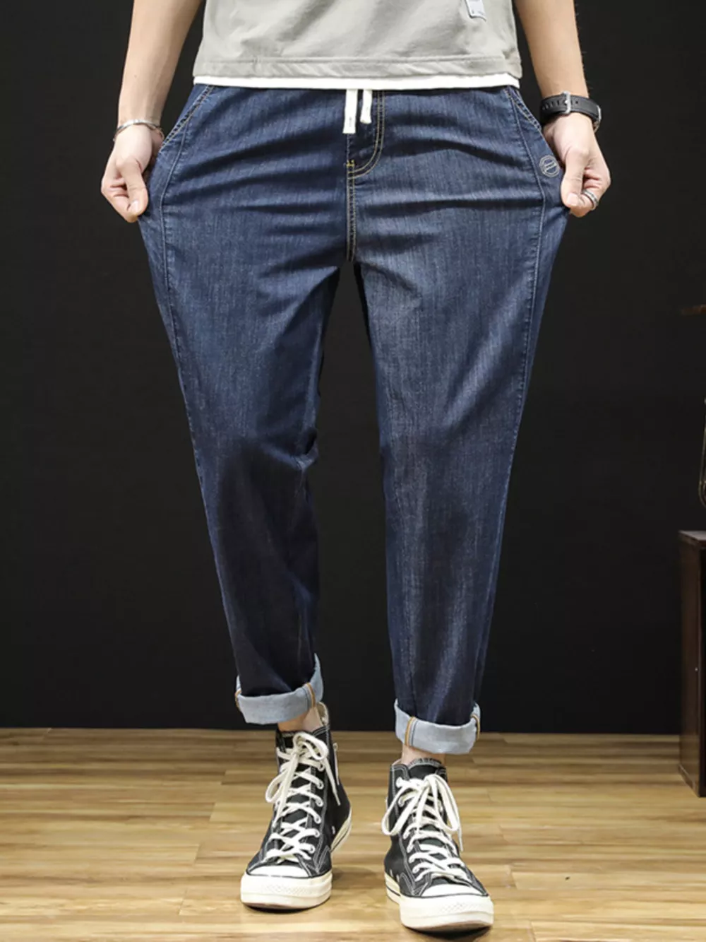 Men's Plus Size Drawstring Straight Leg Jeans, image 5