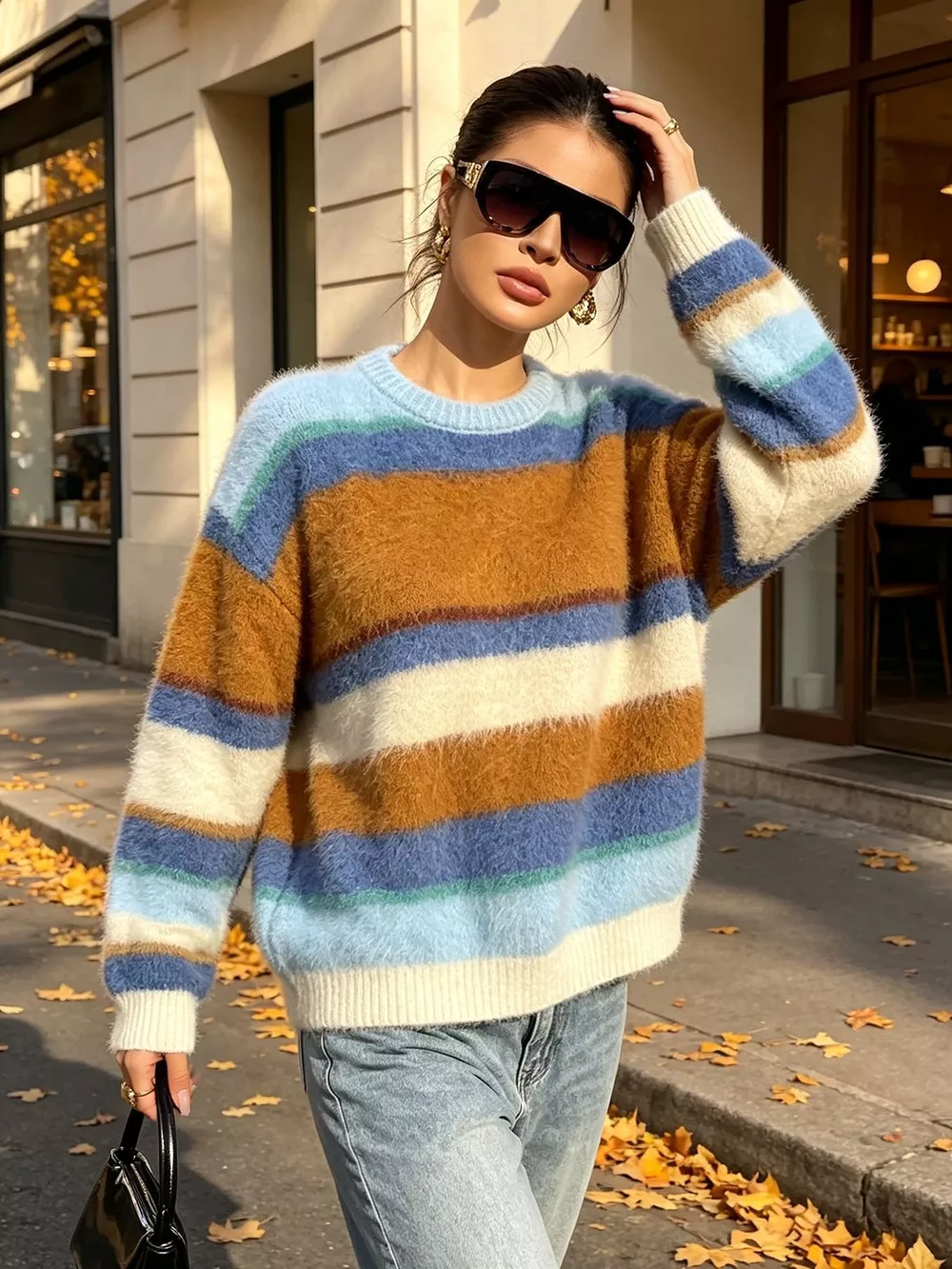 Fuzzy Striped Crew Neck Sweater, image 3