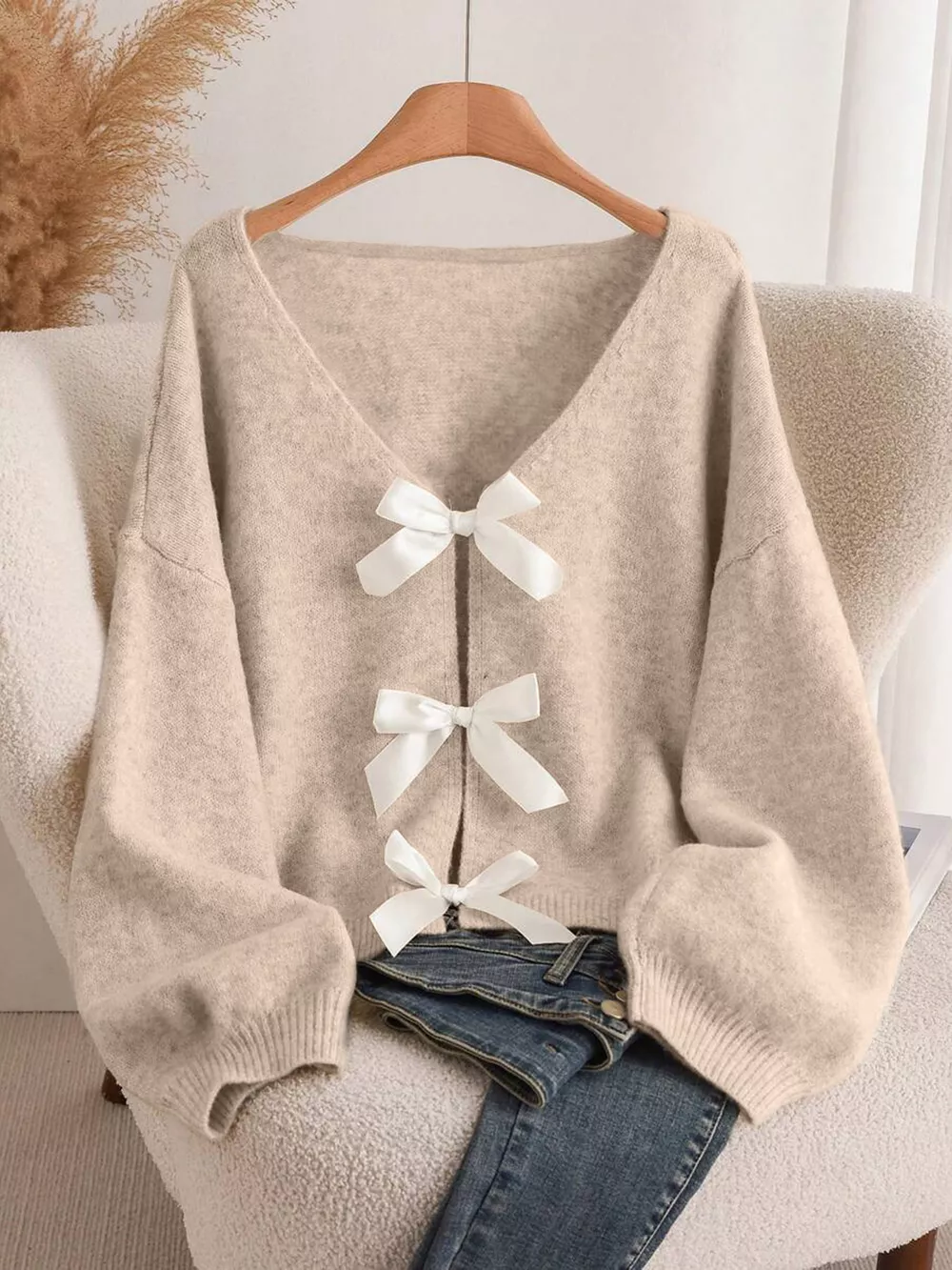 Bow-knot Front V-Neck Knit Cardigan, image 11