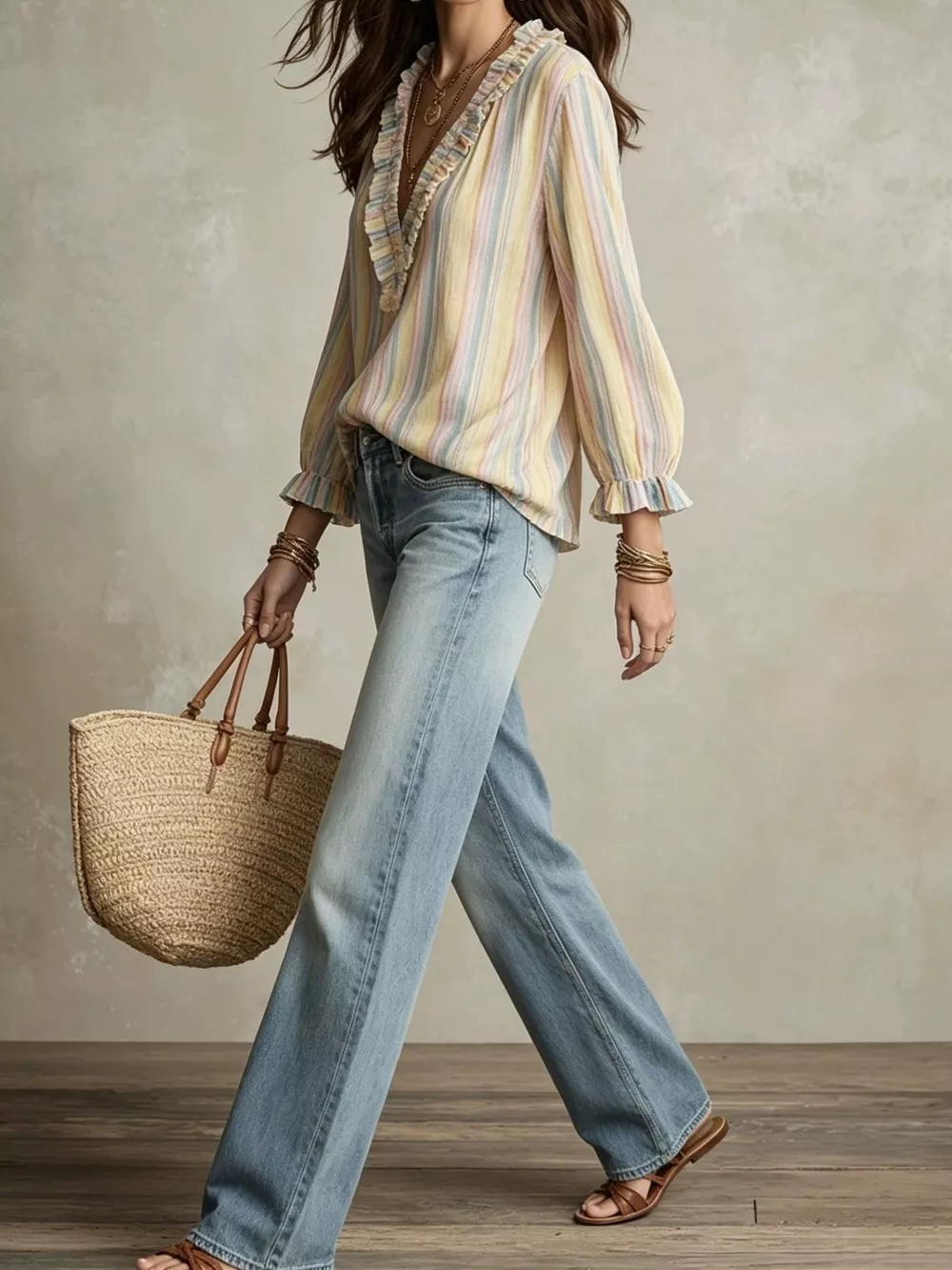 Striped Ruffle-Trim V-Neck Blouse, image 5