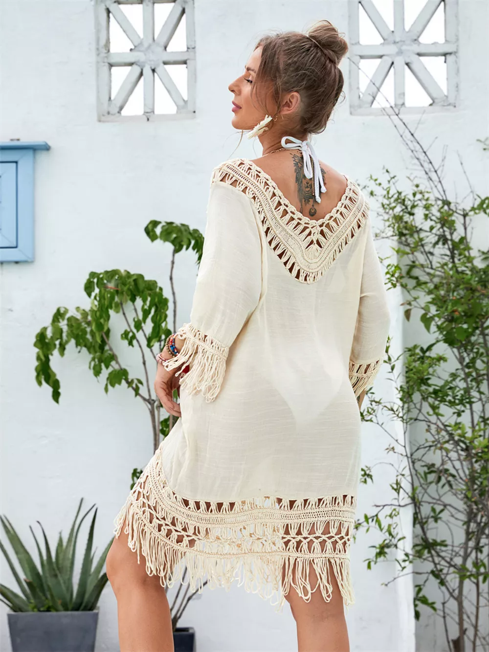 Fringe Crochet V-Neck Cover-Up Dress, image 5
