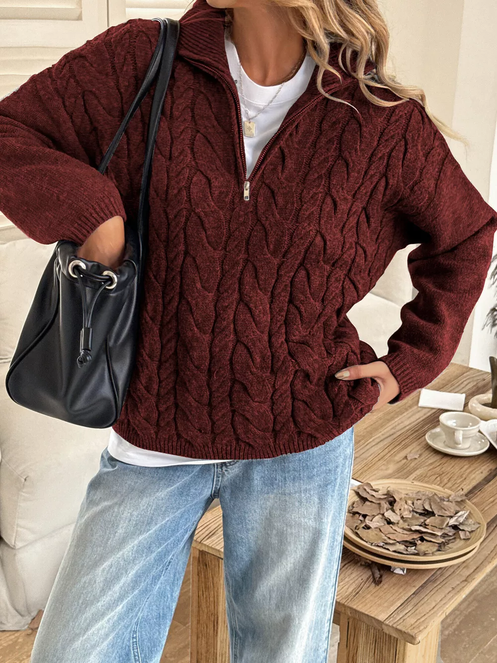 Zip Collar Cable-Knit Sweater, image 6