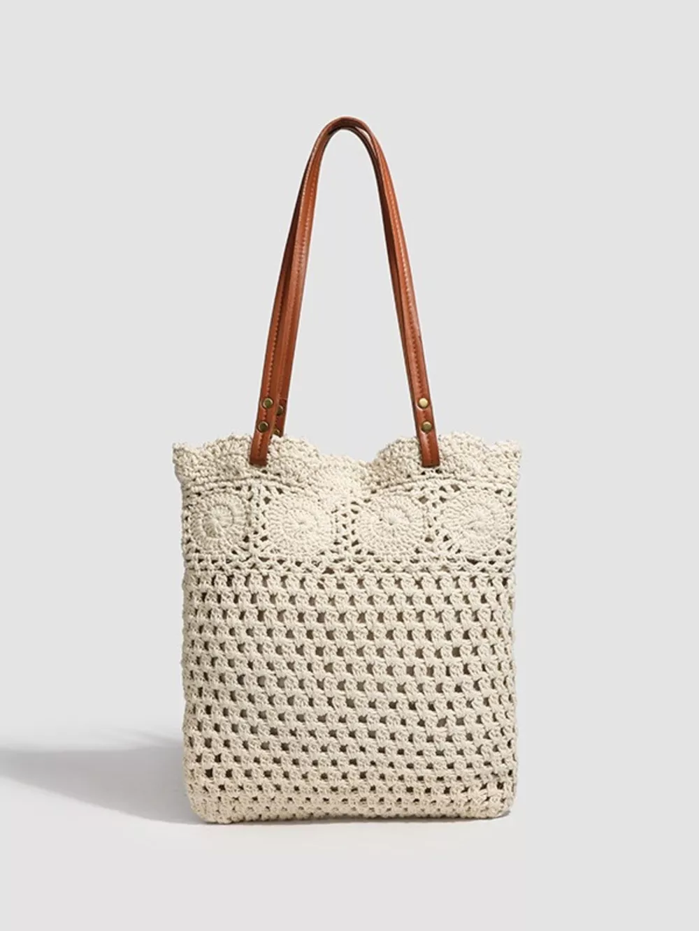Bohemian Crochet Knit Tote Handbag with Leather Handles