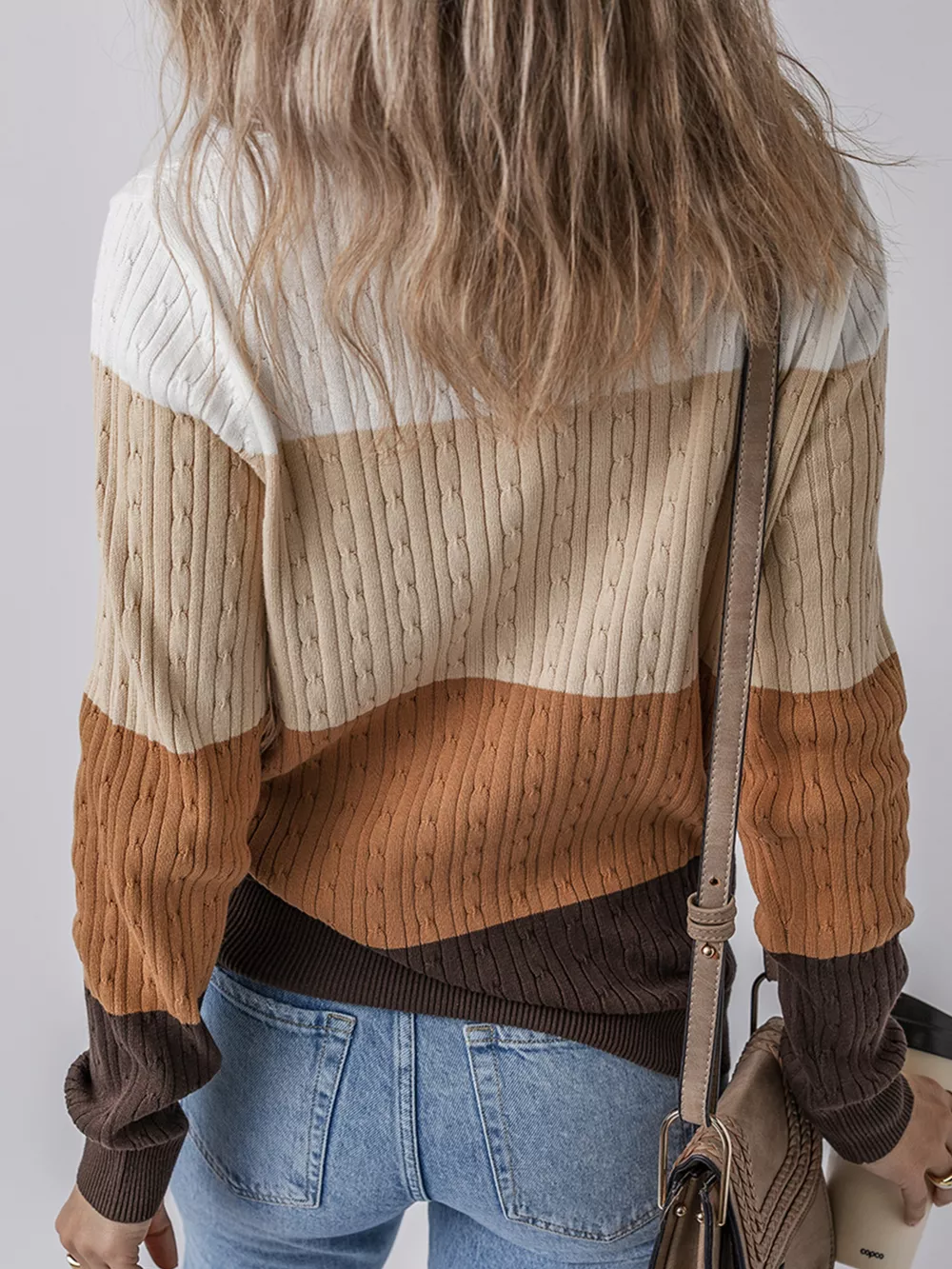 Colorblock Cable Knit Round Neck Sweater, image 6