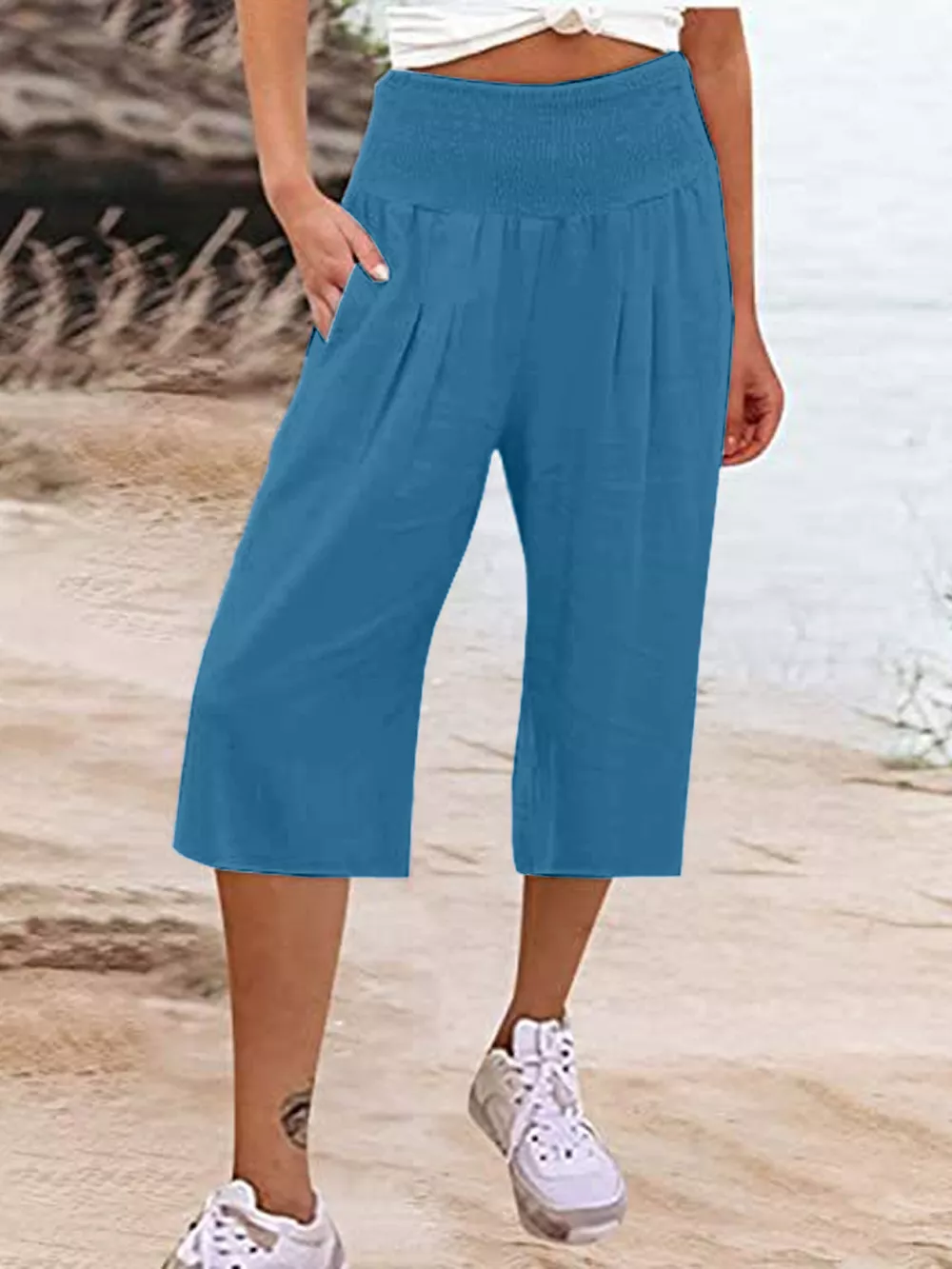 Smocked Wide-Leg Capri Pants, image 17