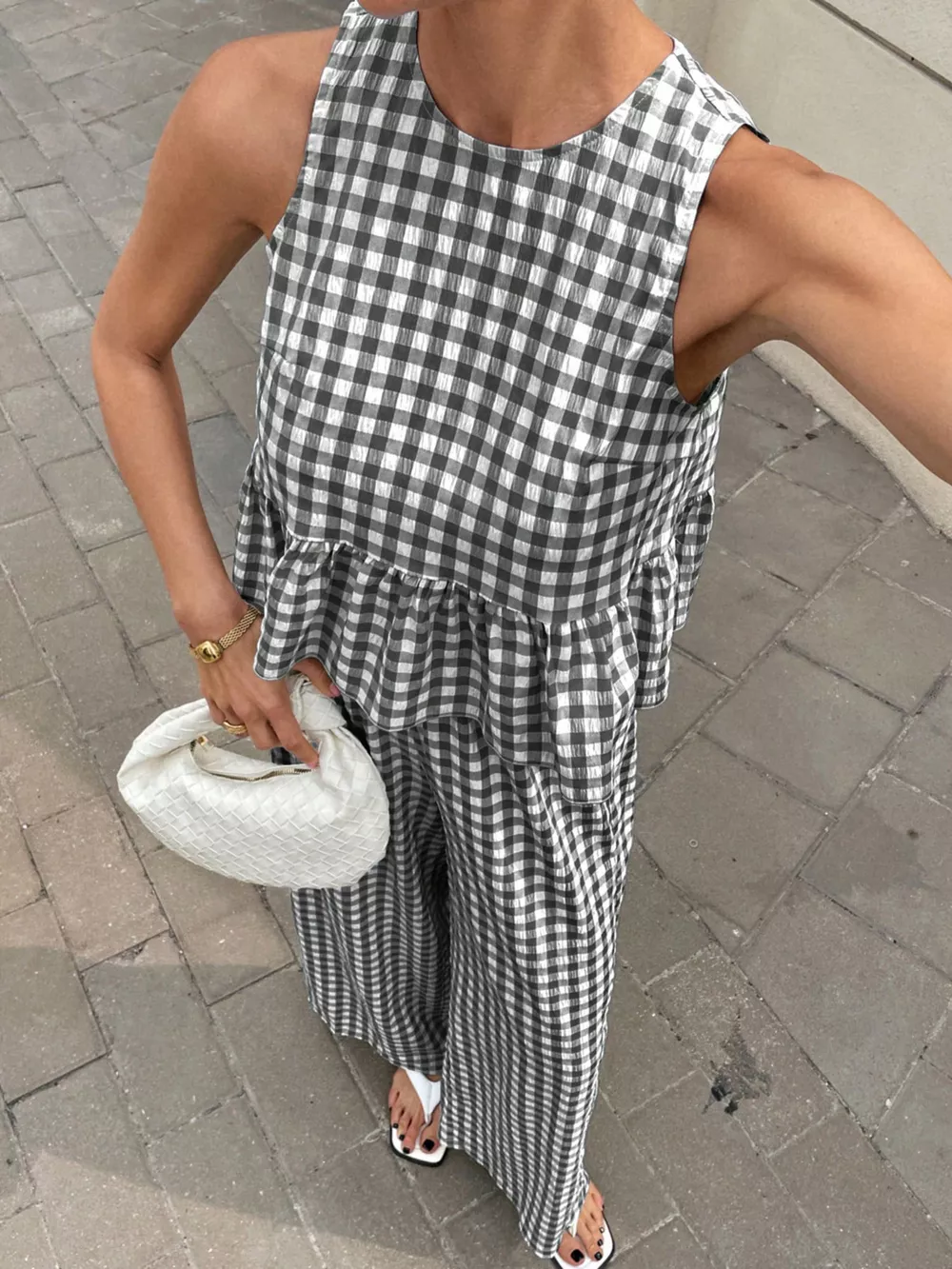 Gingham Sleeveless Top and Wide-Leg Pants Set, image 21