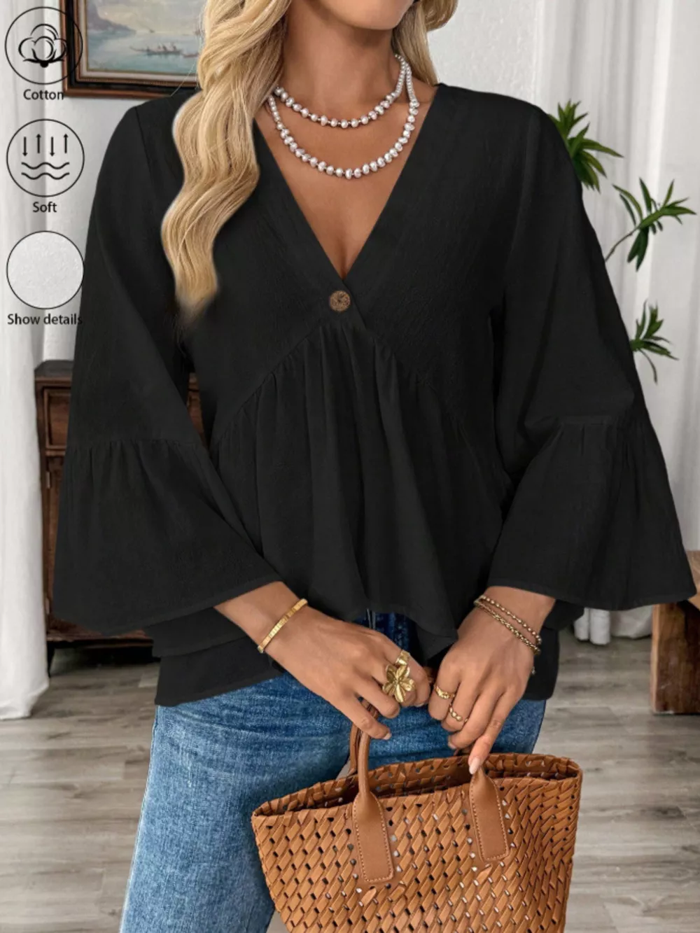 V-Neck Bell Sleeve Blouse, image 10