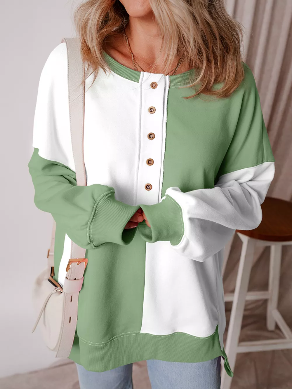 Colorblock Henley High Low Oversize Sweatshirt, image 2
