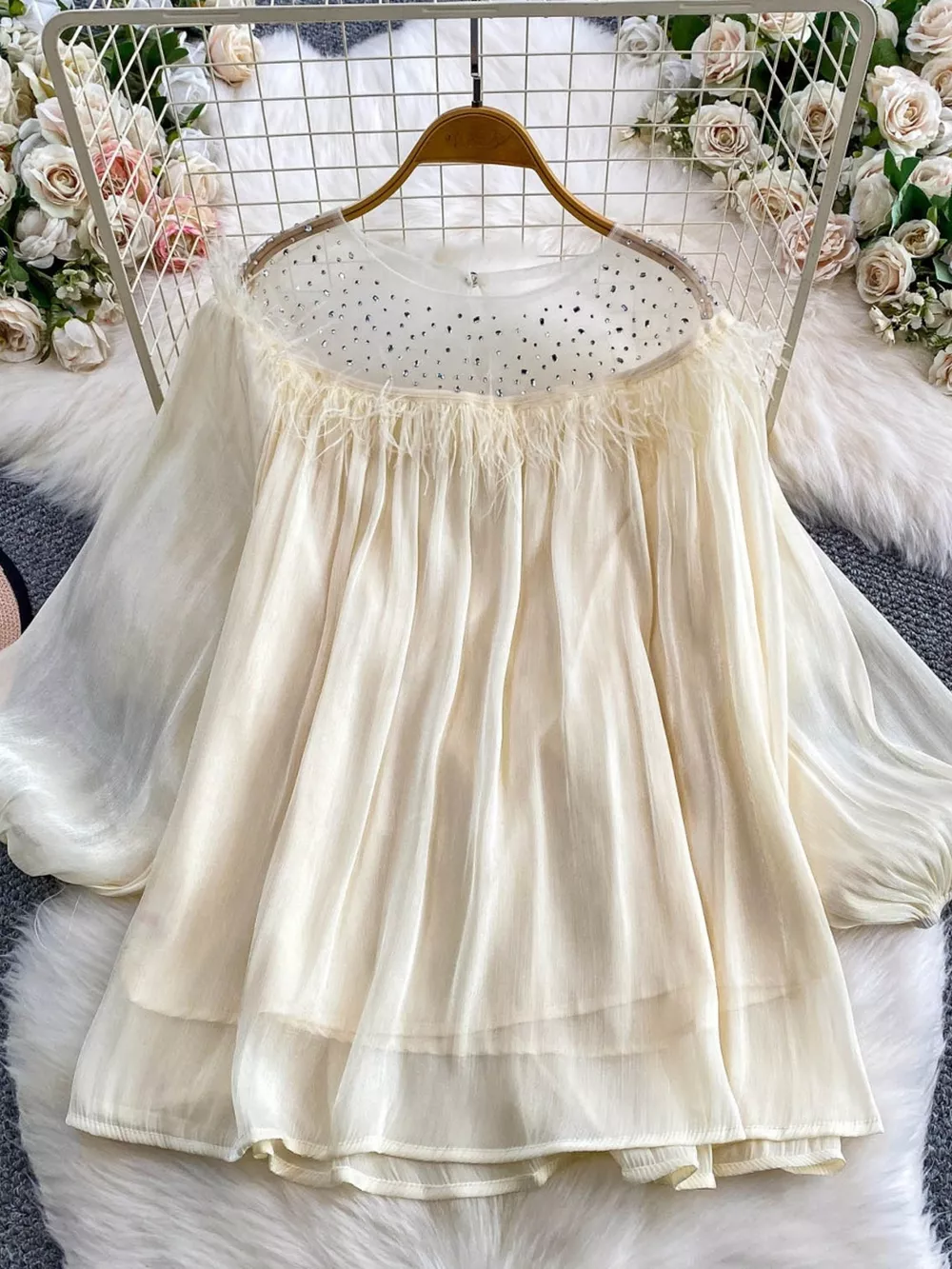 Rhinestone Mesh Panel Blouse, image 13