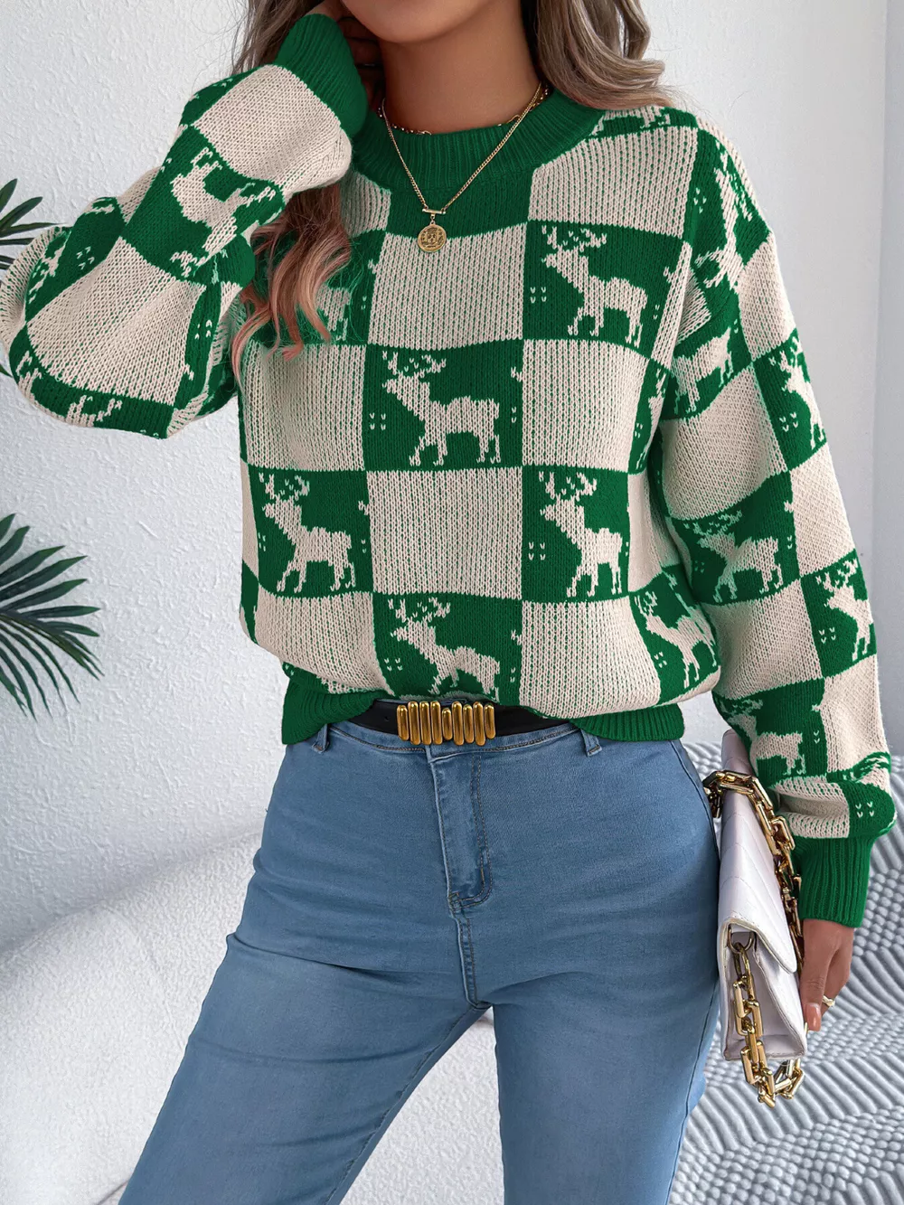 Reindeer Checkerboard Pattern Pullover Sweater, image 8