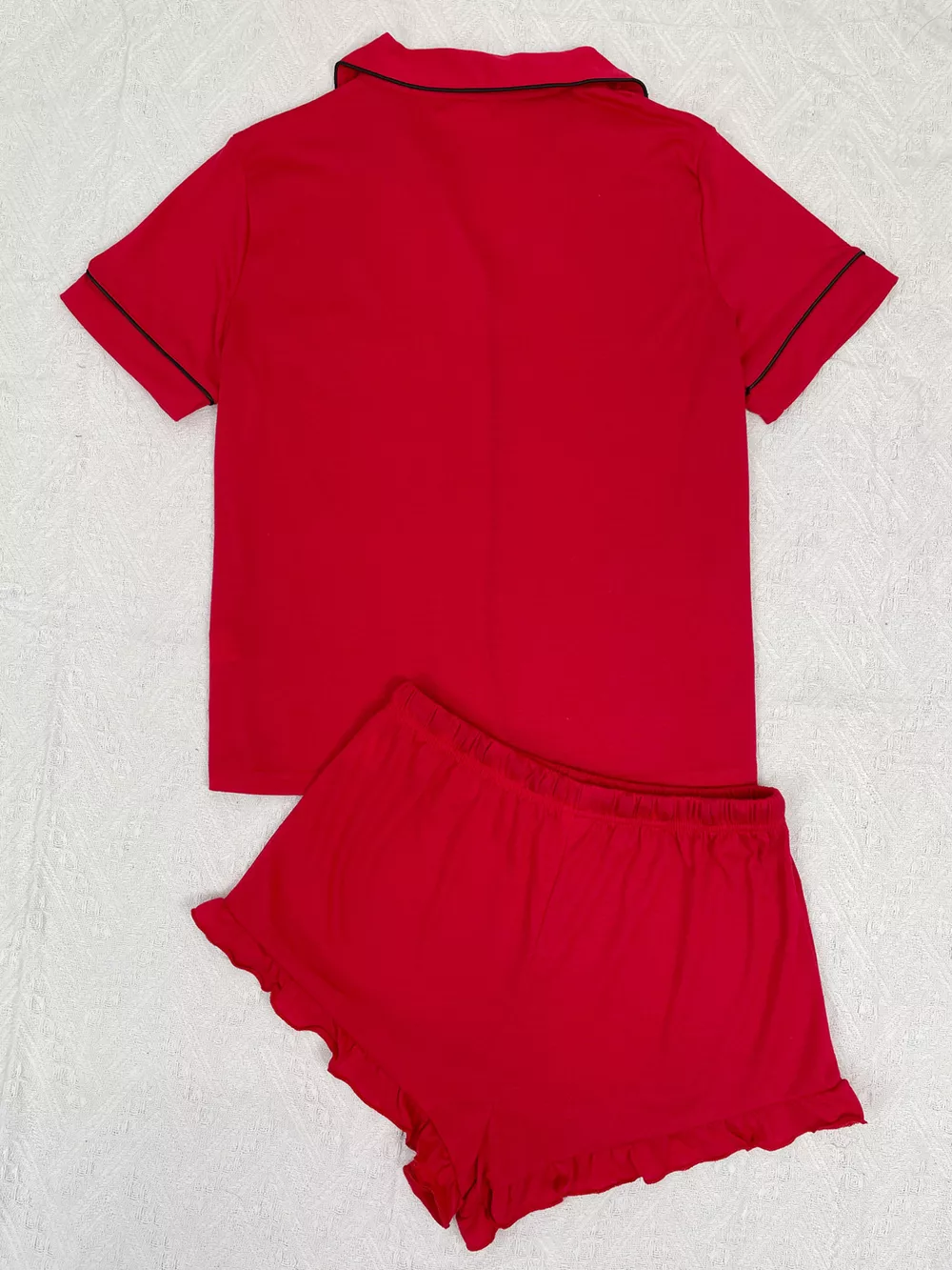 Contrast Piping Button-Down Shirt and Ruffle Shorts Lounge Set, image 8