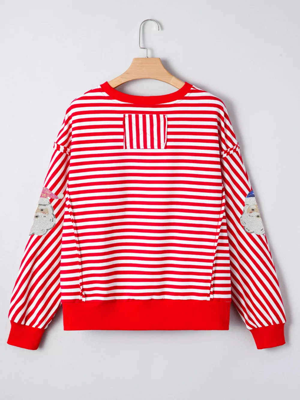 Stripe Sequin Santa Round Neck Raw Seam Detail Christmas Long Sleeve Top, image 2