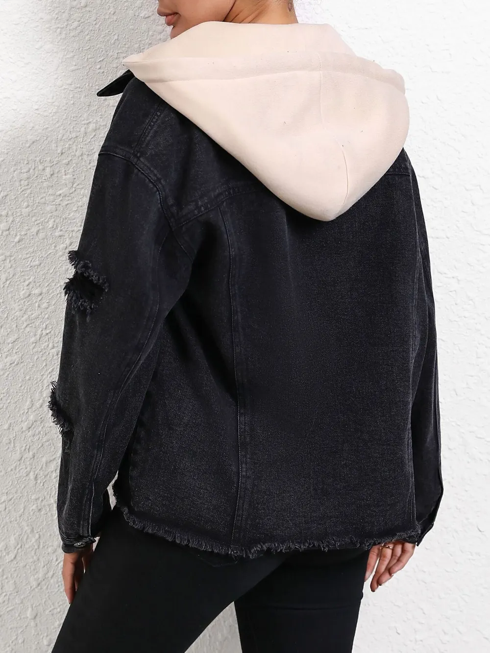 Distressed Drawstring Button Up Hooded Denim Jacket, image 6