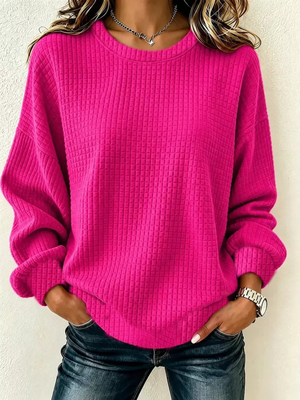 Full Size Waffle Knit Long Sleeve Crew Neck Sweatshirt Plus Size, image 8