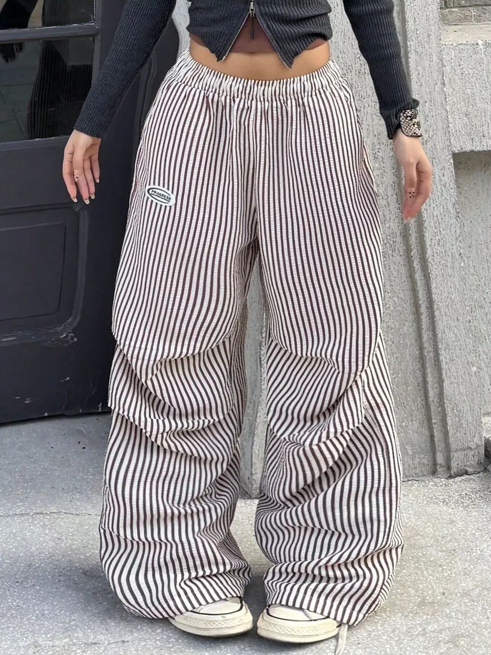 High-Waisted Striped Wide-Leg Cargo Pants with Drawstring, image 7