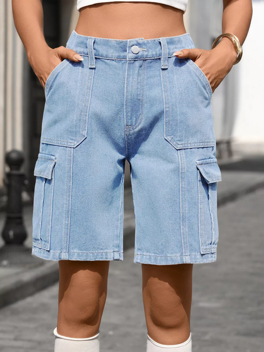High-Waisted Wash Denim Shorts, image 5