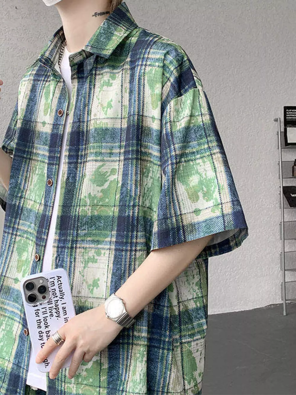 Men's Plus Size Casual Plaid Print Shirt & Shorts Set, image 10