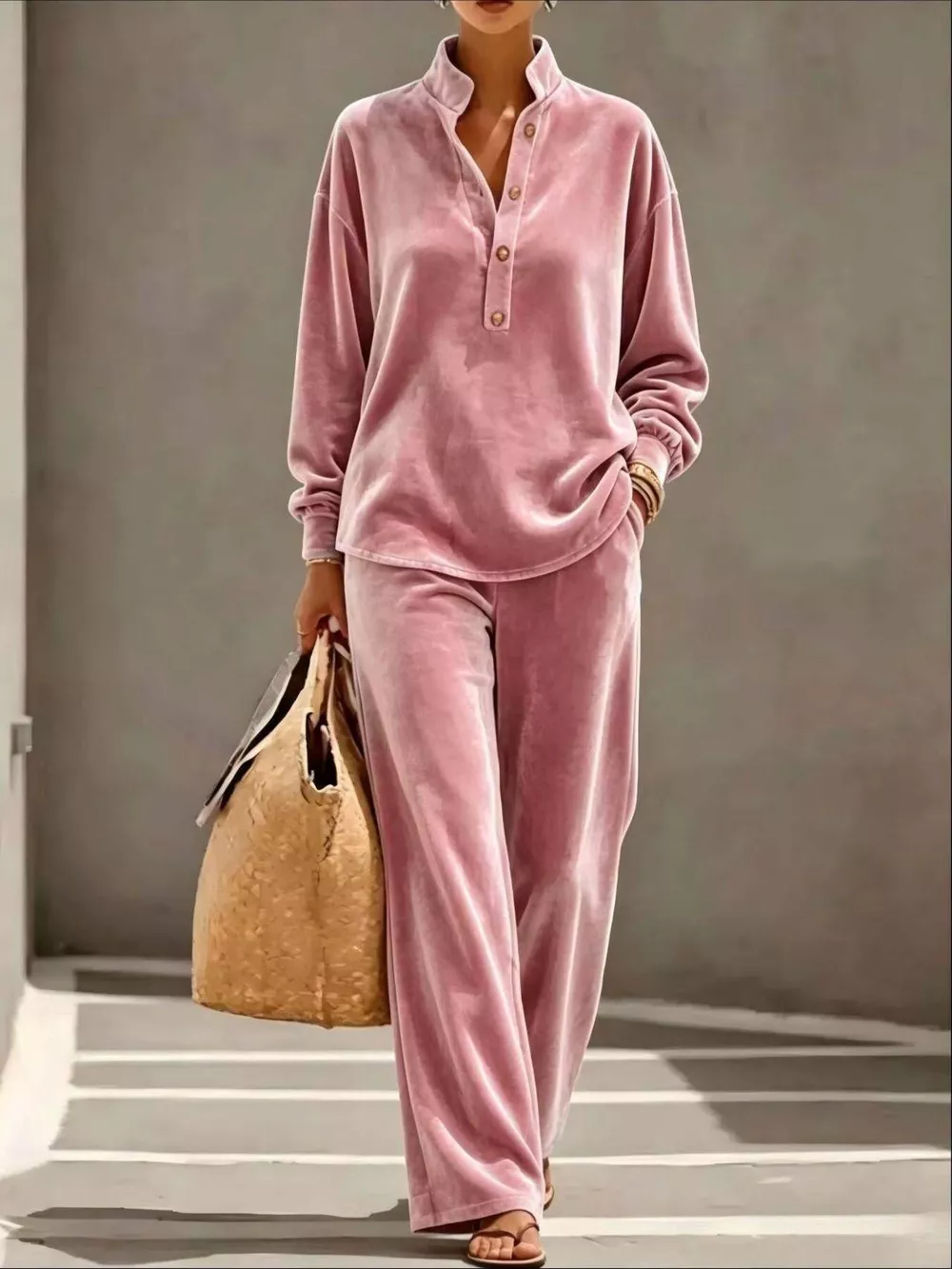 Full Size Half Button Top and Wide Leg Pants Set Plus Size, image 3