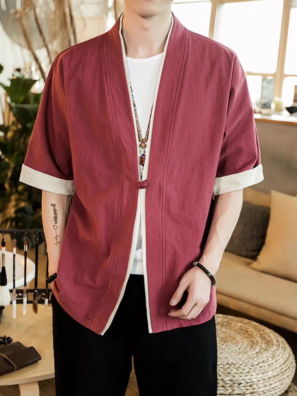 Men's Plus Size Contrast Trim Half Sleeve Shirt, image 2