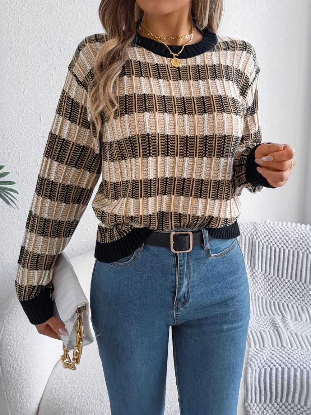 Striped Round Neck Long Sleeve Sweater, image 10