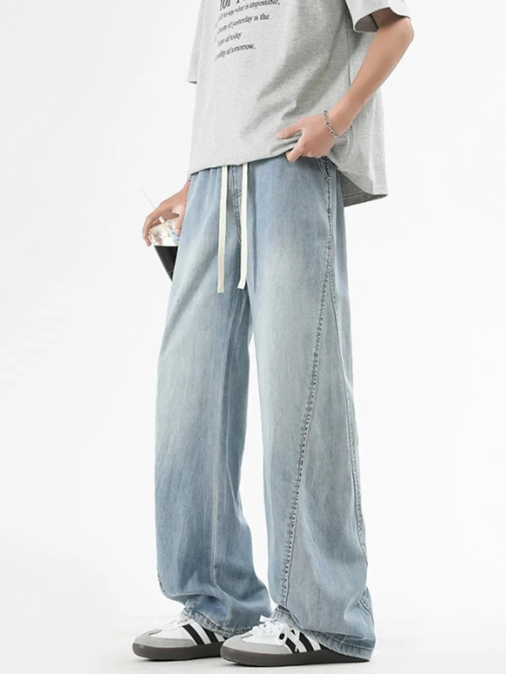 Men's Plus Size Vintage Wide Leg Jeans with Drawstring, image 5