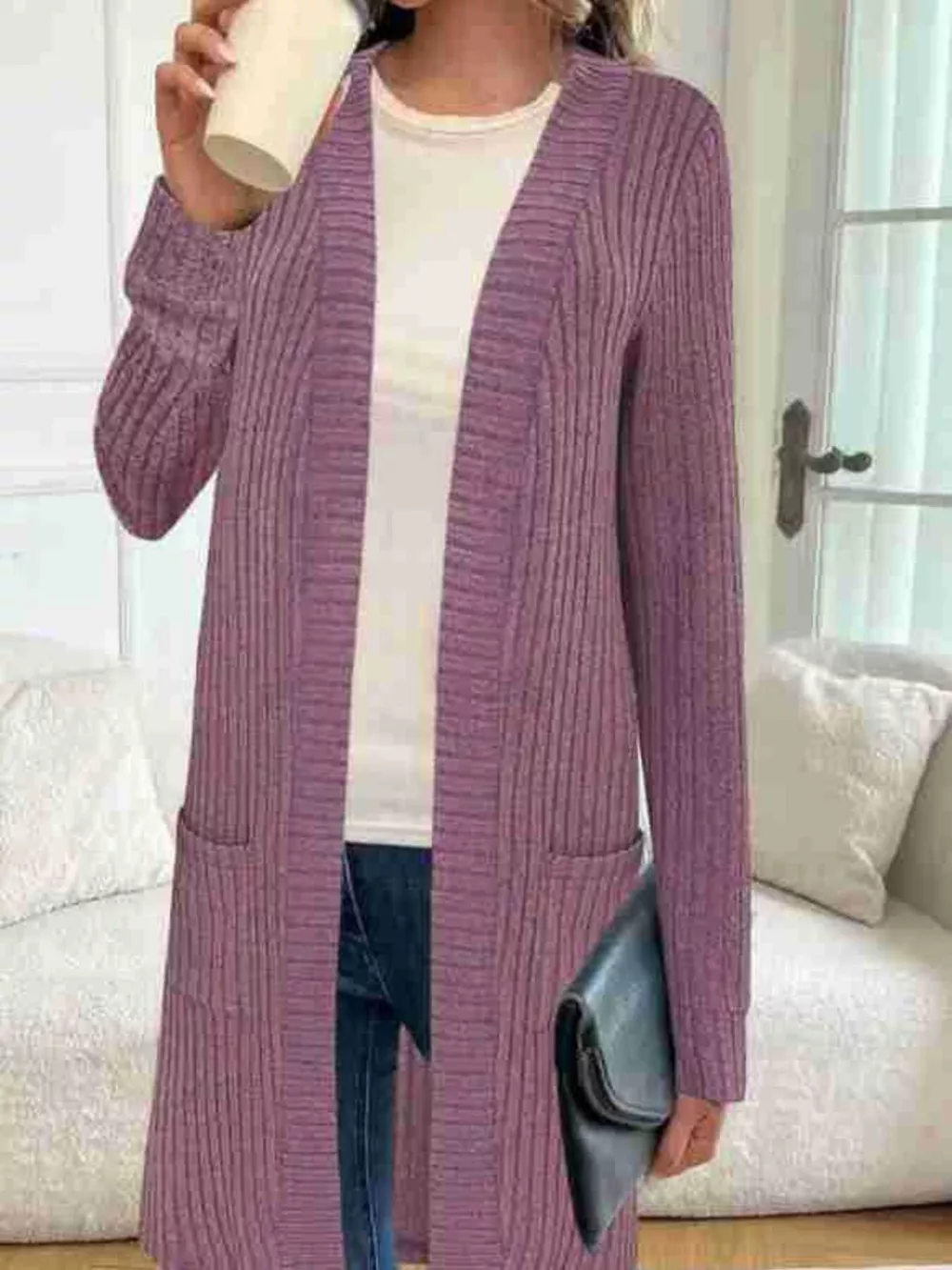 Ribbed Knit Open Front Cardigan, image 7