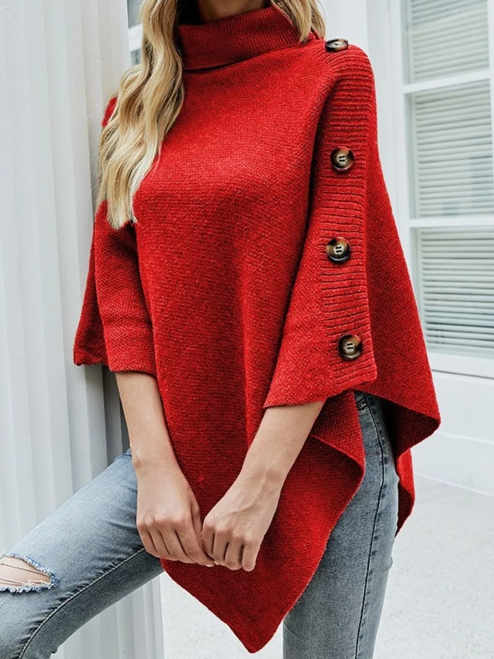 Button-Decor Turtleneck Poncho Pullover, image 17