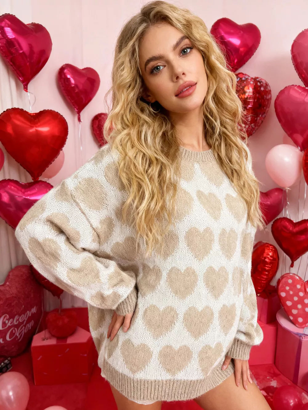 Heart Pattern Dropped Shoulder Sweater, image 8