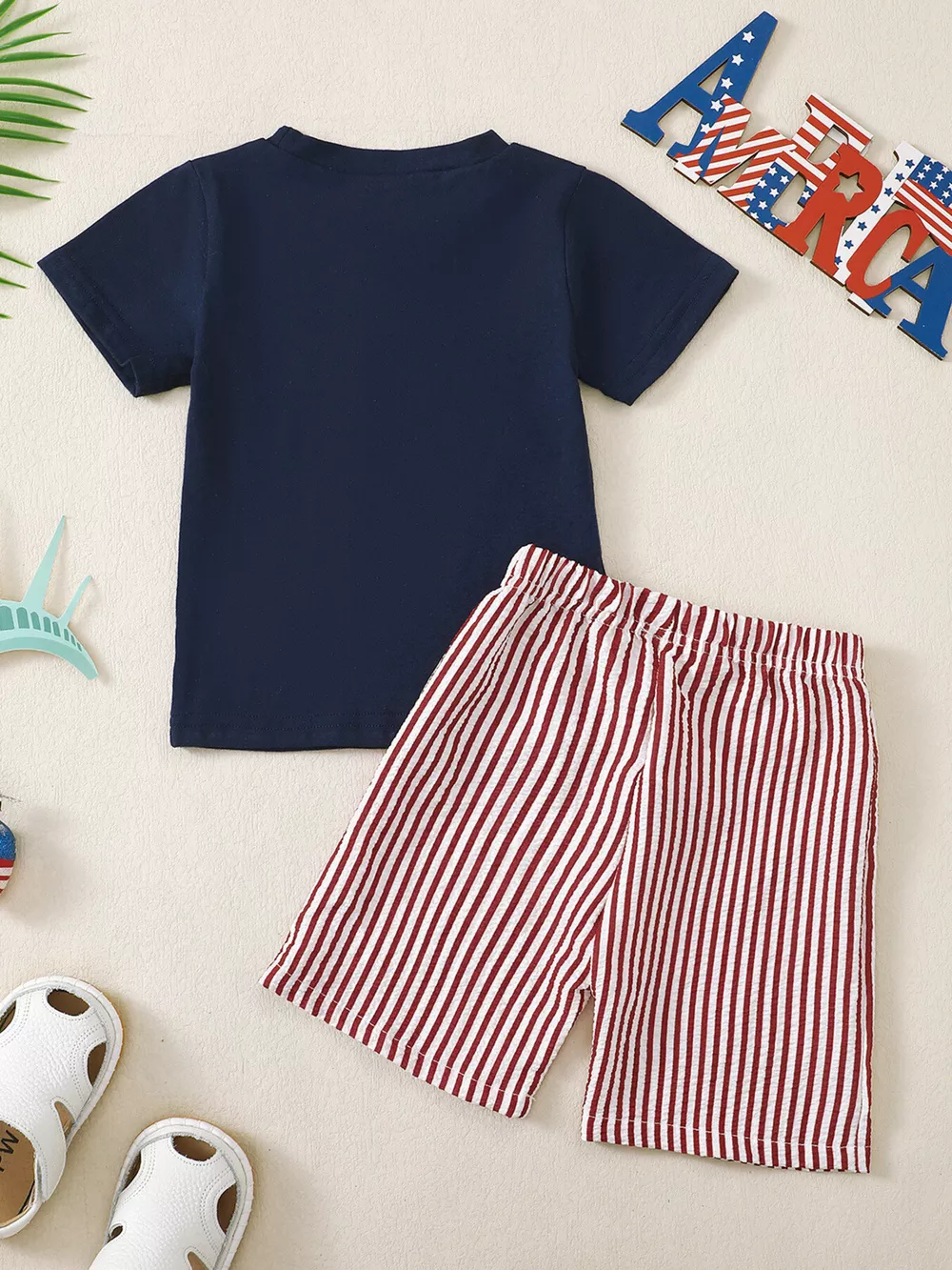 Children's American Flag Pocket T-Shirt and Striped Shorts Set, image 3