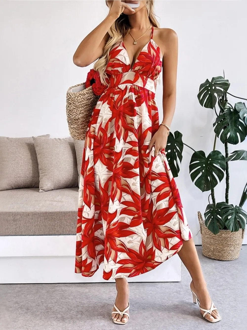 Crisscross Back Printed Midi Dress with Cutout Detail, image 5