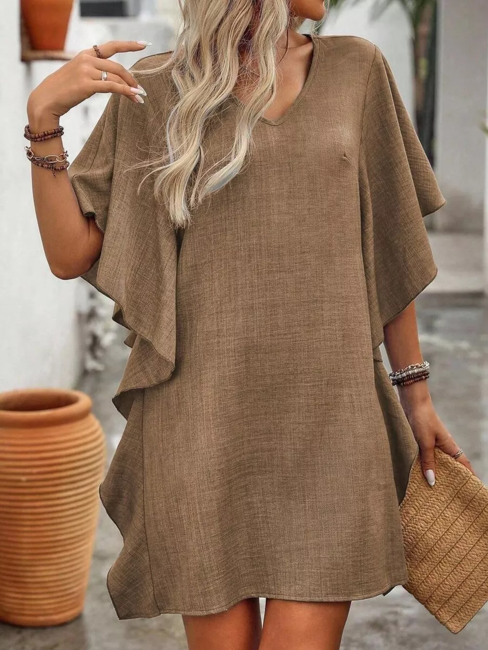 Ruffled Flutter Sleeve V-Neck Mini Dress, image 8