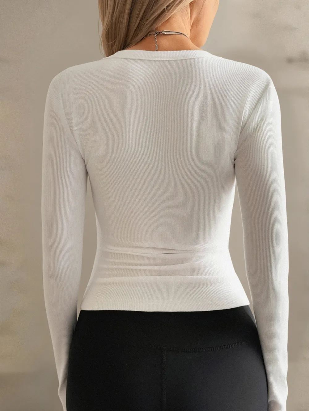 Ribbed V-Neck Long Sleeve T-Shirt, image 4