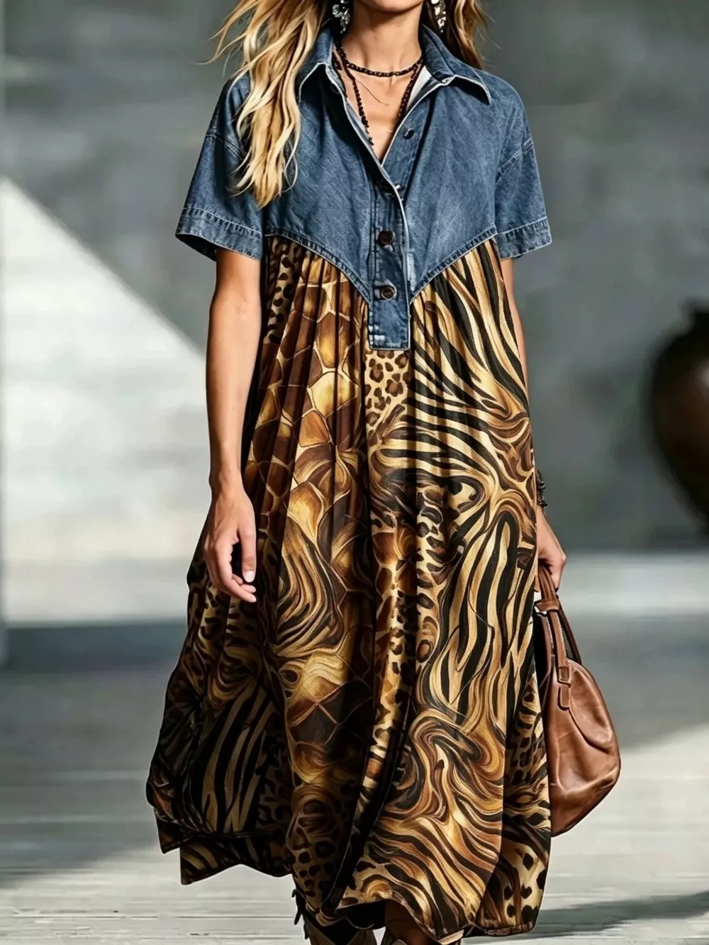 Full Size Denim Patchwork Printed Shirt Dress Plus Size, image 14