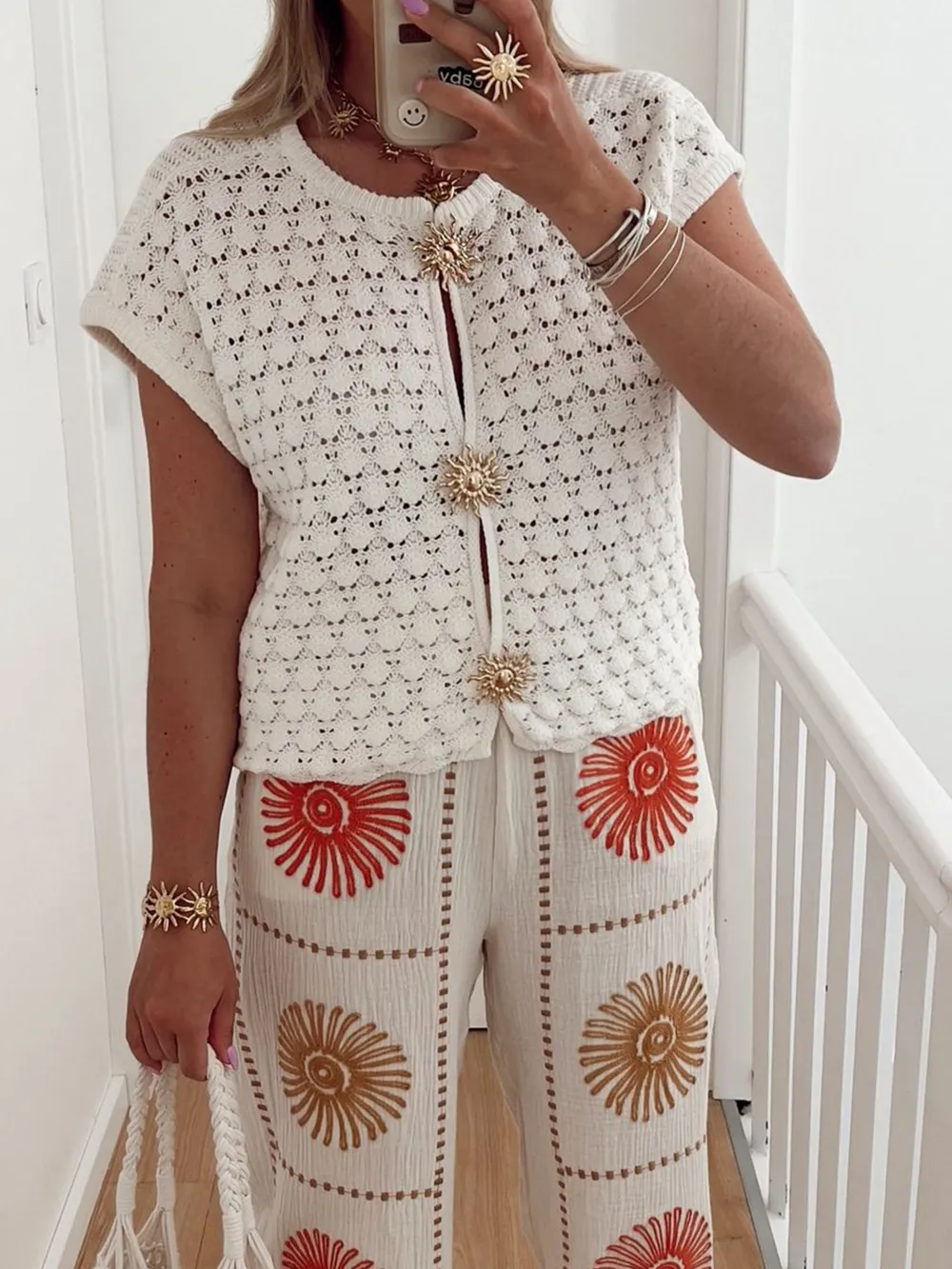Crochet Short Sleeve Button Front Cardigan, image 3