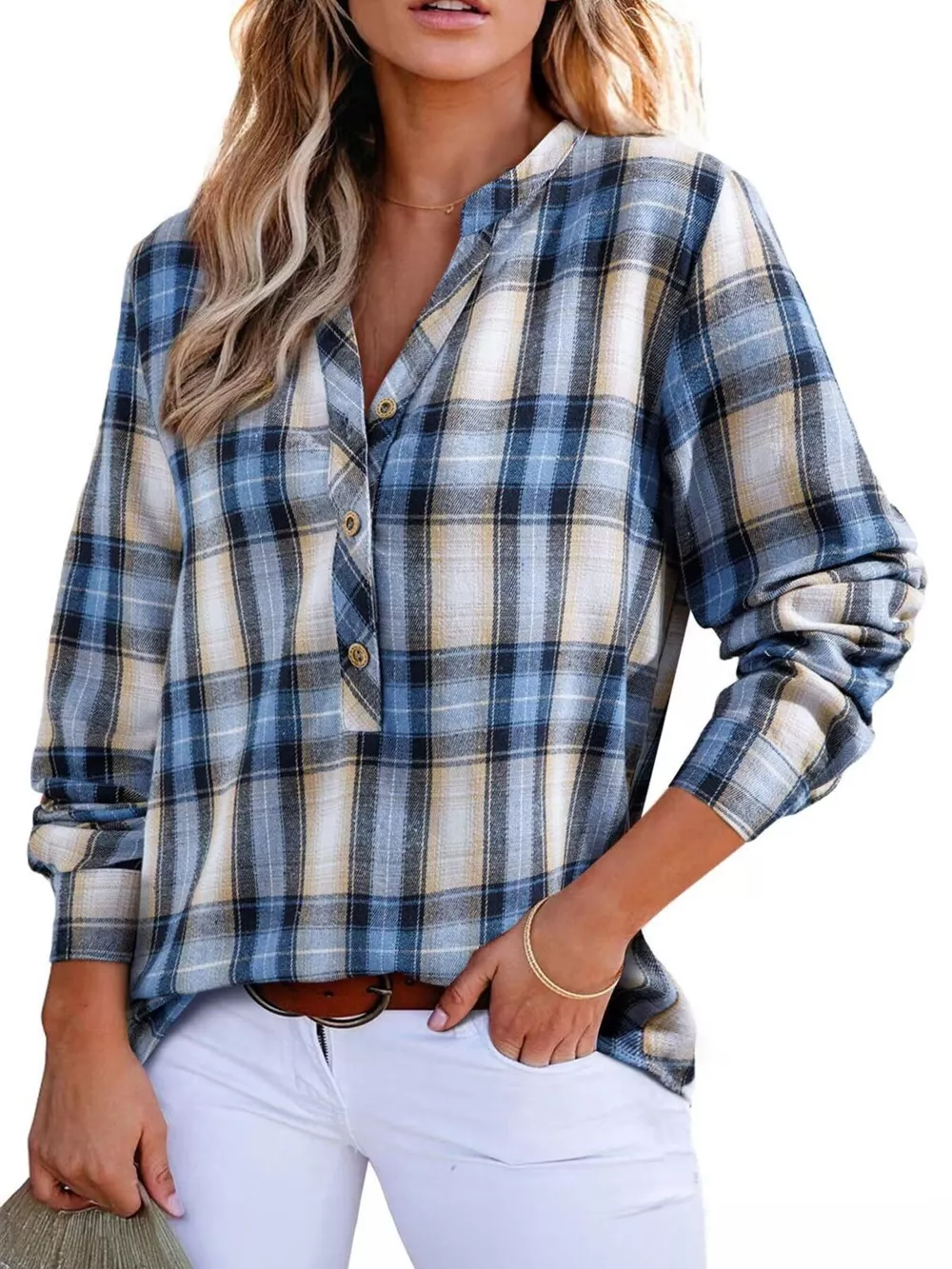 Plaid Half Button Long Sleeve Blouse, image 31